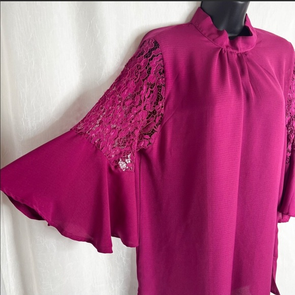 Suzanne Betro / Magenta Lace Trim Mock Neck Trumpet Sleeve Blouse - Picture 3 of 5